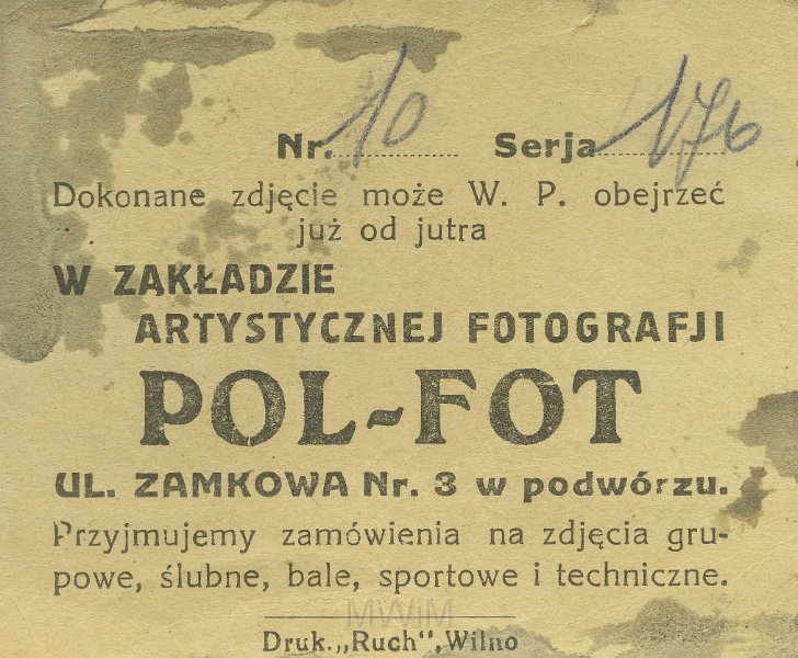 KKE 5295.jpg - Dok. Ulotka reklamowa zakładu fotograficznego POL-FOT, przy ulicy zamkowej3 w Wilnie, Wilno, lata 30-te XX wieku. Drukarnia „Ruch” Wilno.